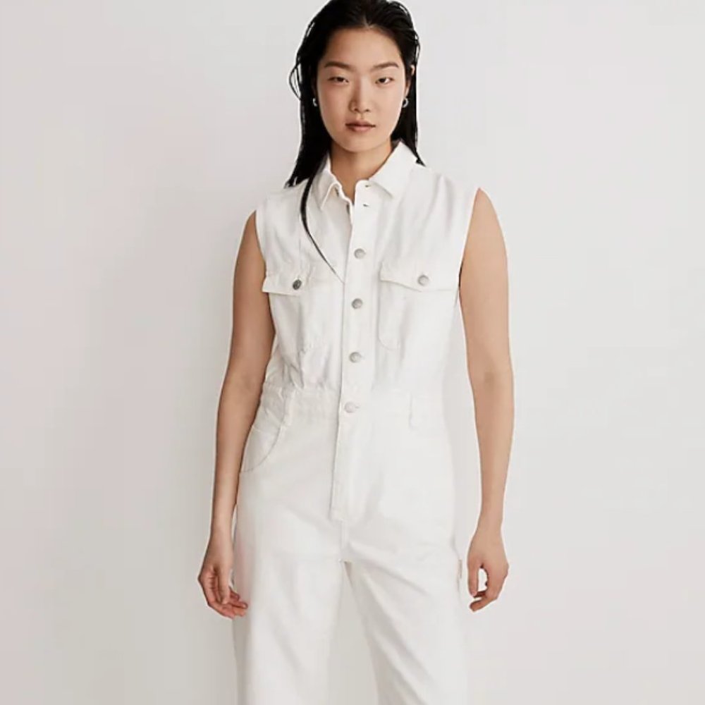 madewell white denim sleeveless jumpsuit size M
